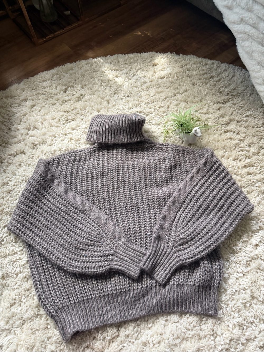 Fate Taupe Chunky Ribbed Turtleneck Sweater with Sleeve Cable